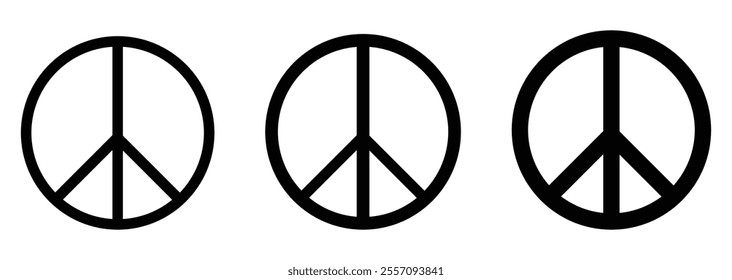 Peace symbol icon set in black color. International symbol of peace. Peace sign isolated on white background. Hippie Peace Symbol icon. CND Logo, Campaign for Nuclear Disarmament.