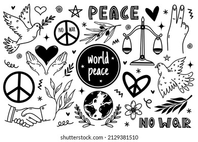 Peace symbol icon set. Hand drawn illustration isolated on white background. Pacifism sign - dove, handshake, olive branch, heart, planet. No war, monochrome doodle collection.