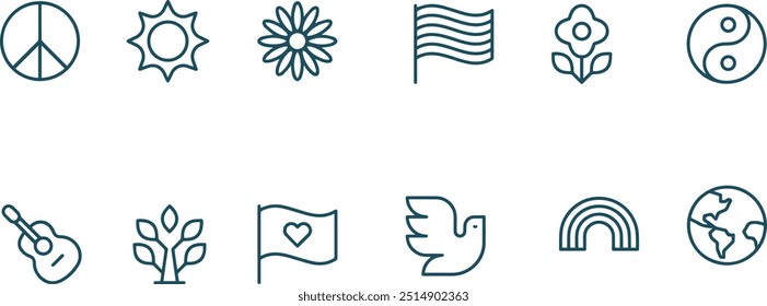 peace symbol and icons vector line set