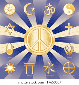 Peace Symbol, International World Religions, faiths: Christianity, Hindu, Taoism, Baha'i, Buddhism, Jain, Shinto, Confucianism, Native Spirituality, Judaism, Sikh, Islam. Gold rays. EPS8 compatible.