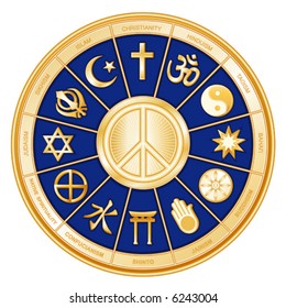 PEACE SYMBOL, International WORLD RELIGIONS. Christianity, Hinduism, Taoism, Bahai, Buddhism, Jainism, Shinto, Confucianism, Native Spirituality, Judaism, Sikhism, Islam. EPS8 compatible.