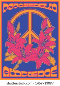 Peace Symbol and Lily Flowers Retro Psychedelic Art Poster Hippie Style 