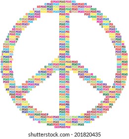 peace symbol made of colorful words isolated on white background