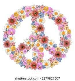 Peace symbol made of colourful flowers vector art for t shirt design, card, banner, poster or print.