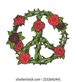 Peace symbol made with rose flower line art color sketch engraving vector illustration. T-shirt apparel print design. Scratch board imitation. Black and white hand drawn image.