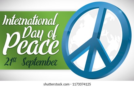 Peace symbol with map silhouette inside of it and a greeting sign to celebrate International Peace Day in September 21.