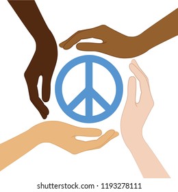 peace symbol in the middle of human hands different skin colors vector illustration EPS10