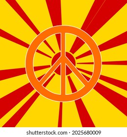Peace symbol on a background of red flash explosion radial lines. The large orange symbol is located in the center of the sun, symbolizing the sunrise. Vector illustration on yellow background