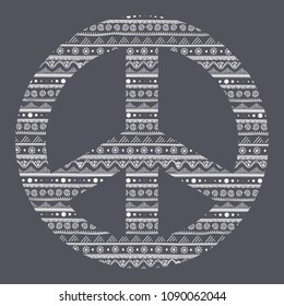 'Peace of peace' symbol on the dark blue background in ethnic pattern.