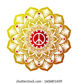 Peace symbol on mandala vector. Gold mandala with peace sign. Floral peace icon. Isolated on white background. Vector eps 10