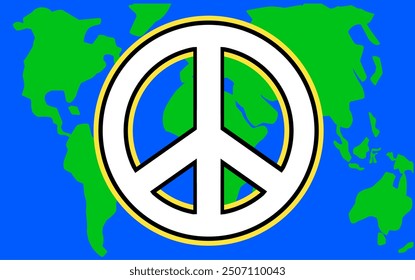 Peace symbol on world map background.