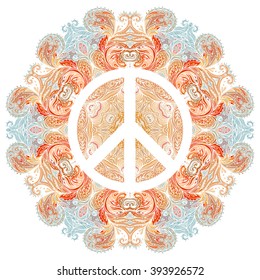 Peace symbol over decorative ornate background mandala round pattern. Boho, hippie style.  Freedom, spirituality, occultism, textiles art. Vector illustration for t-shirt print isolated on background.