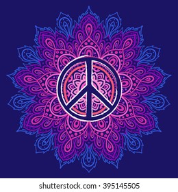 Peace symbol over decorative ornate background mandala round pattern. Boho, hippie style.  Freedom, spirituality, occultism, textiles art. Vector illustration for t-shirt print isolated on background.