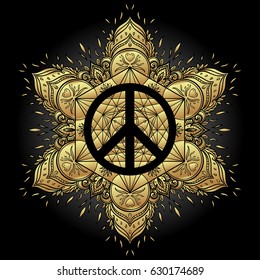 Peace symbol over decorative ornate background mandala round pattern. Boho, hippie style.  Freedom, spirituality, occultism, textiles art. Vector illustration for t-shirt print isolated on background.