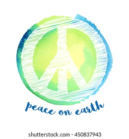 Peace Symbol over hand drawn watercolor background.  Vector illustration for print on t-shirts, bags, poster and more.