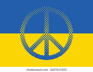 A peace symbol rendered in halftone dots on a blue and yellow Ukraine flag background.