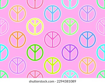 Peace symbol seamless pattern. Multicolored peace symbols on a pink background. Peace mark design for print, wallpaper, wrapping paper. Vector illustration