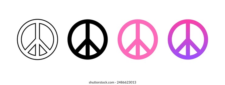 Peace symbol set icons. Linear, Silhouette and Flat style. Vector icons.