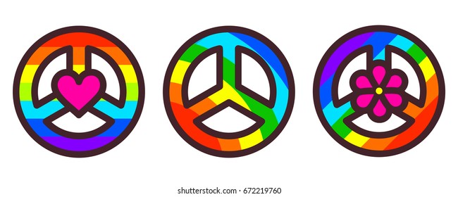 Peace symbol set, rainbow color pacific sign, vector illustration in modern line art style