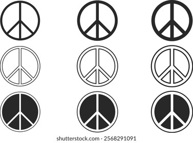 Peace symbol set. peace sign set. Vector icon on white background. Set of peace signs icon of different thicknesses. Peace symbols different shape. Vector illustration. EPS10