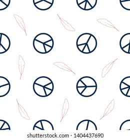 Peace symbol, sign of a Pacifique and feather - seamless vector pattern on white background. Stock Illustration, eps10. Use as a background image for social networking, fabric design, packaging.