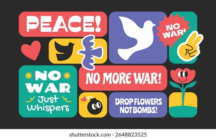 Peace symbol stickers, patchs, badges collection. No war concept quote and phrases in y2k design style.