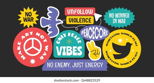 Peace symbol stickers, patchs, badges collection. No war concept quote and phrases in y2k design style.