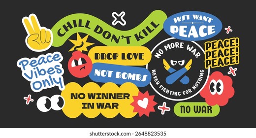 Peace symbol stickers, patchs, badges collection. No war concept quote and phrases in y2k design style.