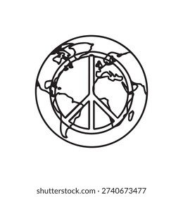 Peace symbol superimposed on a stylized outline of the Earth, representing global peace.