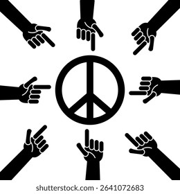 A peace symbol surrounded by 8 black hands