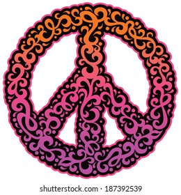 Peace symbol of swirly shapes in a purple, yellow and magenta gradient.