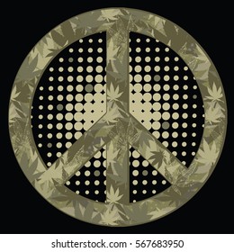peace symbol with texture of cannabis. Military style.