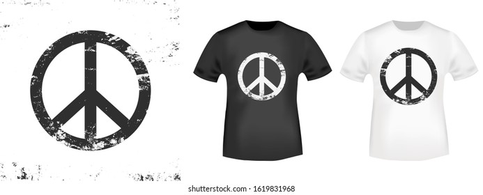 Peace symbol t-shirt print stamp for tee, t shirts applique, fashion, badge, label retro clothing, jeans, and casual wear. Vector illustration.