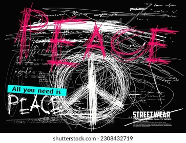 Peace symbol, Urban typography hipster street art graffiti slogan print with neon spray effect for graphic t- shirt a