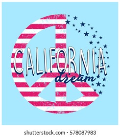 Peace symbol with USA Flag and lettering 'California Dream'. Vector illustration. Apparel Print. Summer Print. T shirt illustration