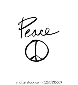 Peace symbol vector icon. Lettering boho label. Brush ink sketch art illustration.