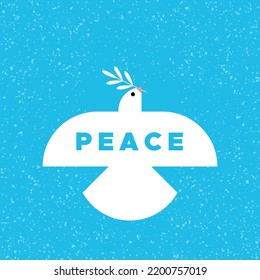 Peace symbol. White dove flying with olive branch and the word peace. Square banner. Concept of non violence,  tolerance, equality. Vector illustration, flat design