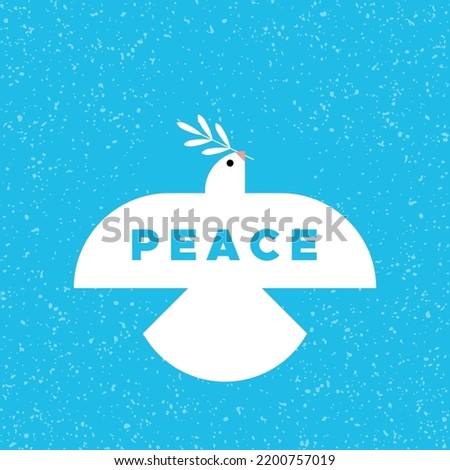 Peace symbol. White dove flying with olive branch and the word peace. Square banner. Concept of non violence,  tolerance, equality. Vector illustration, flat design