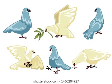 Peace symbol white dove or pigeon isolated animal vector olive branch flying bird wings flight plumage plant twig purity symbolic creature with beak, and claws clear plumage wedding ritual