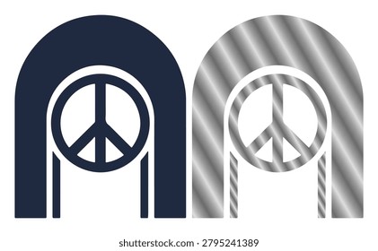 Peace symbol within arch, harmony icon silhouette, antiwar logo design, pacifism vector art.