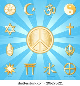 Peace Symbol, world religions, faiths: Buddhism, Islam, Hindu, Taoism, Christianity, Sikh, Native Spirituality, Confucian, Shinto, Bahai, Jain, Judaism.  Aqua, gold ray background. EPS8 compatible.
