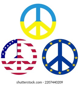 Peace symbols with flags of Ukraine, USA and European Union Stay with Ukraine concept