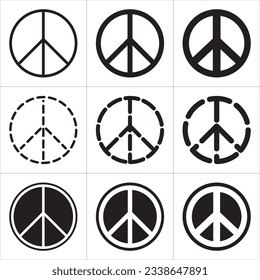 Peace symbols. Nine pacific black and white round signs. Isolated vector illustration