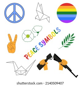 Símbolos de paz establecidos. Dos pulgares hacia arriba, paloma y grúa de origami blanco, rama de olivo, camisas blancas, colores arcoiris, manos rompiendo un rifle. Elementos para un concepto de no guerra. Ilustración del vector