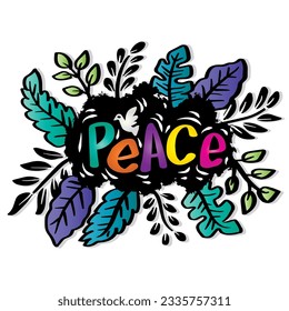 Peace text hand lettering with floral decoration. Slogan concept.