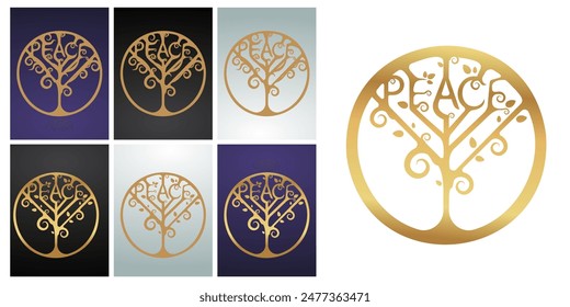 Peace tree, menorah, logotype concept, doodle cartoon style in circle, floral design 