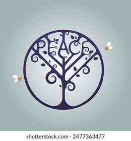 Peace tree, menorah, logotype concept, doodle cartoon style in circle, floral design 