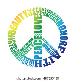 Peace type sign in rainbow colors. Hippie stuff. Kind words typographic poster.Print for flyer, card, decoration, t-shirt.Green and blue color gamma.