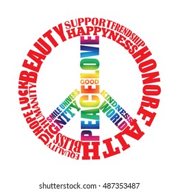 Peace type sign in rainbow colors. Hippie stuff. Kind words typographic poster.Print for flyer, card, decoration, t-shirt.