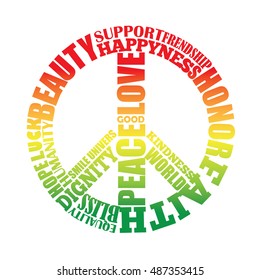 Peace type sign in rasta colors. Hippie stuff. Kind words typographic poster. Peace print for flyer, card, decoration, t-shirt.